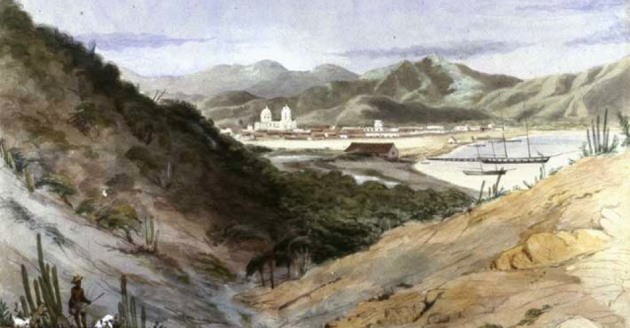 Acuarela del puerto de Santa Marta, de Edward Mark Walhouse (1845), conservado por la Biblioteca Luis Ángel Arango. 